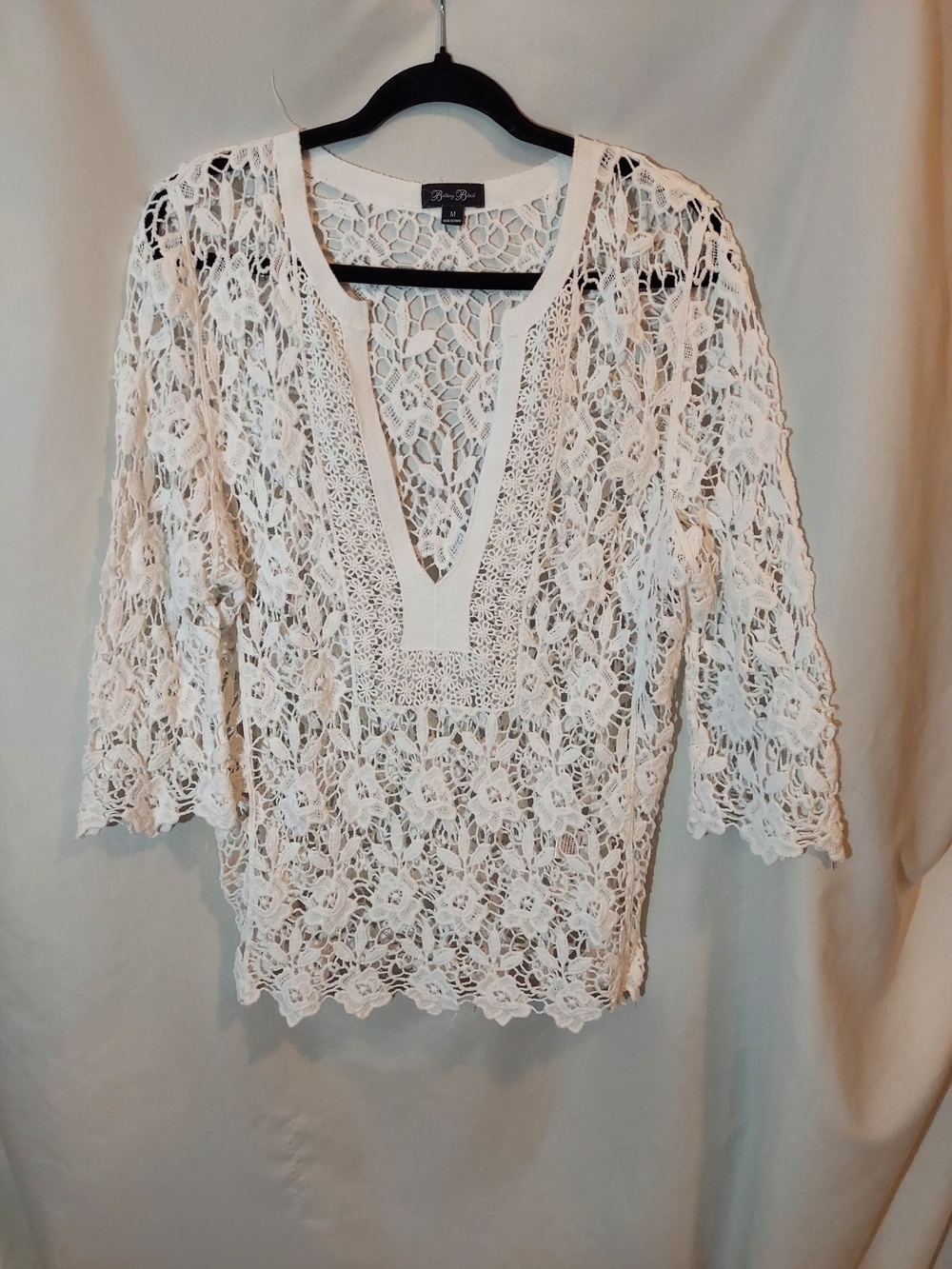 Brittany Black White Crochet Lace V-Neck Tunic Top Swim Cover Up Size M